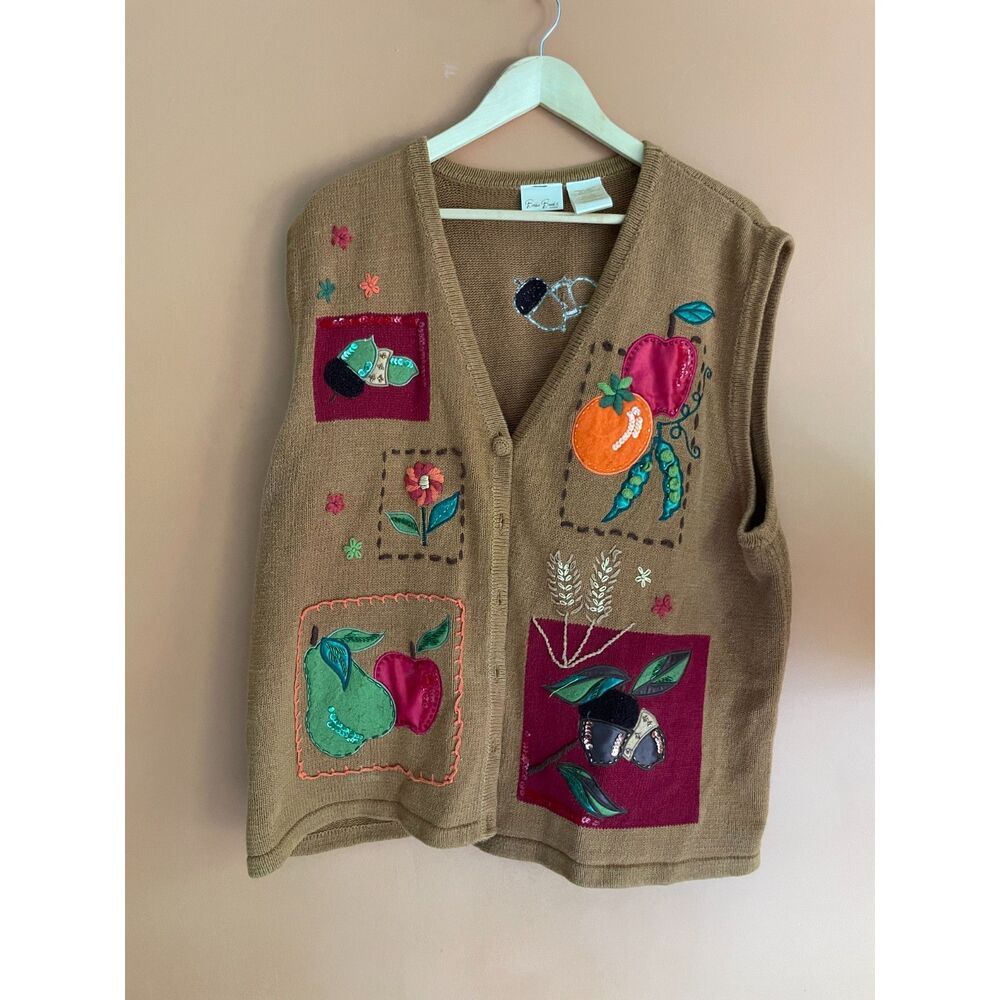 Vintage 90s Bobbie Brooks Fruit Applique Sweater Vest 22W 24W Cottagecore